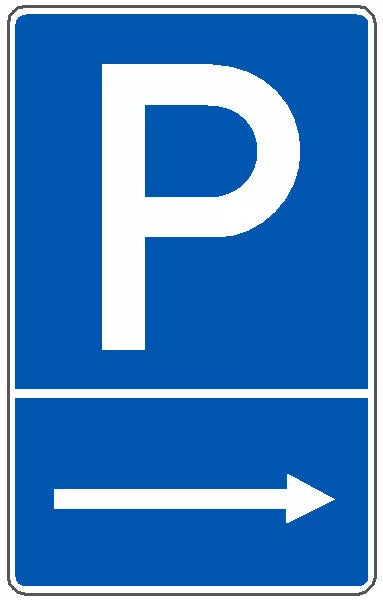 Parkplatzschild mit P in blau/weiß mit Pfeil nach rechts