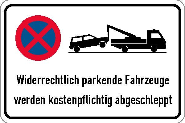 Halteverbotsschild mit Abschleppsymbol im Querformat