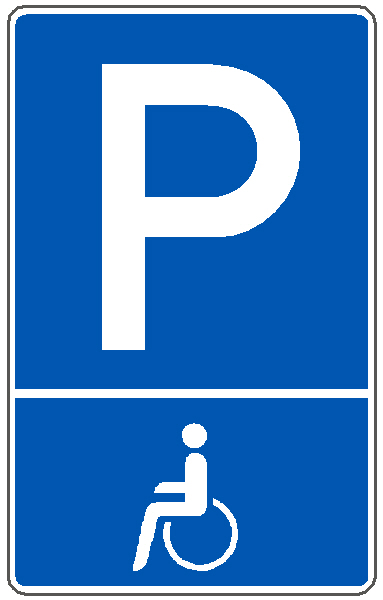 Schild Behindertenparkplatz mit P in blau / weiß mit Rollstuhlsymbol
